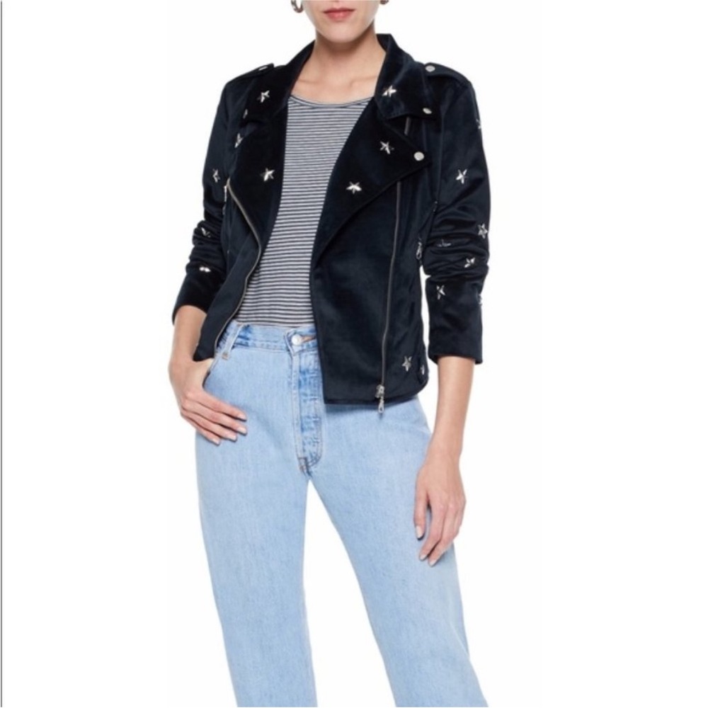 NWT Rebecca Minkoff Wes Moto Jacket Blue Velour XS Velvet Studded Stars